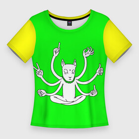 Женская футболка 3D Slim с принтом Кот йог многорук ,  |  | йог | йога | киска | кот | котейка | котизм | котик | котэ | кошка | много рук | многорук | шива | ярко зеленый