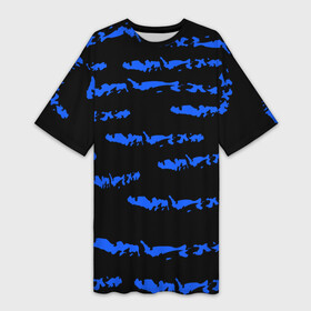 Платье-футболка 3D с принтом Полосатый синий с черным как водяной тигр ,  |  | abstraction | black background | blue | bright | pattern | stripes | texture | water tiger | year of the blue tiger | year of the tiger | абстракция | водяной тигр | год  голубого  тигра | год тигра | паттерн | полосы | синие | текстура | черный фон | ярк