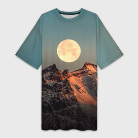 Платье-футболка 3D с принтом Полная луна и горы ,  |  | moon | горы | закат | лес | луна | небо | ночь | полная луна | природа | снег | снежные горы