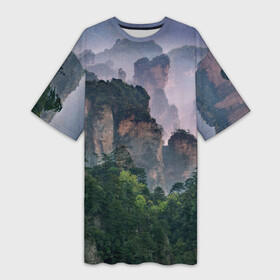 Платье-футболка 3D с принтом Горы лес каньон ,  |  | гора | горы | деревья | каньен | каньон | лес | небо | природа | снежные горы | туман