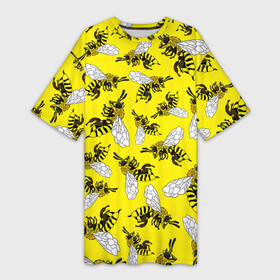 Платье-футболка 3D с принтом Пчелы на желтом ,  |  | bee | honey | insect | nature | spring | summer | sunny | yellow | весно | желтый узор | жук | крылья | лето | мед | много насекомых | насекомые | оса | пасечник | природа | пчела | пчелиный рой | пчелка | пчеловод | пчелы | рой пчел