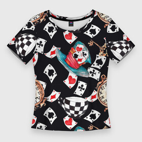 Женская футболка 3D Slim с принтом Алиса в стране чудес  карты ,  |  | алиса | алиса в стране чудес | время | карточная игра | карты | покер | часы