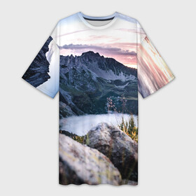Платье-футболка 3D с принтом Горы на закате ,  |  | гора | горы | деревья | закат | каньен | каньон | лес | небо | природа | снежные горы | солнце | туман
