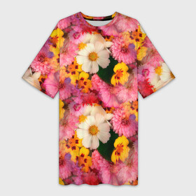 Платье-футболка 3D с принтом Дачные садовые цветы ,  |  | дача | сад | садовые цветы | цветочки | цветы