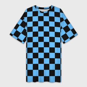 Платье-футболка 3D с принтом Шахматная доска  Синяя ,  |  | в клетку | квадрат | квадратики | синий | шахматный принт | шахматы | шашки