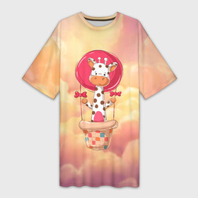 Платье-футболка 3D с принтом Жираф на воздушном шаре ,  |  | воздушный шар | жираф | закат | небо | шар