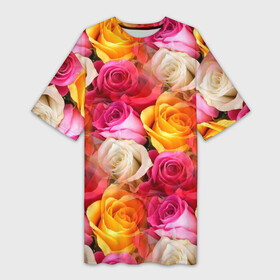 Платье-футболка 3D с принтом Красные, желтые и белые розы ,  |  | белые розы | желтые розы | красные розы | розовые розы | розы | цветочки | цветы