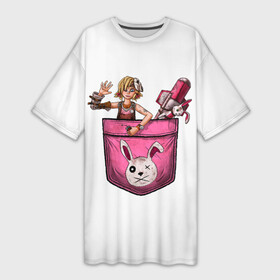 Платье-футболка 3D с принтом Тина в кармане  Tiny Tina s ,  |  | Тематика изображения на принте: borderlands | bunny | dragon | girl | keep | mask | on | rocket | tina | tinas | tiny | wonderlands | в | девочка | дракона | игрушка | карман | кармане | кролик | маленькая | маска | подземелье | ракета | розовый | тина
