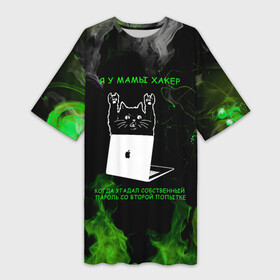 Платье-футболка 3D с принтом Кот программист: Зеленый огонь. ,  |  | код | кот | кот программист | котик | котэ | принт для программистов | программист | хакер