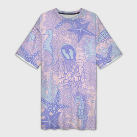 Платье-футболка 3D с принтом Морские коньки и медузы ,  |  | коралл | медуза | море | морская звезда | морской | морской конек | на дне | океан | под водой | подводный | розовый | сиреневый
