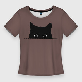 Женская футболка 3D Slim с принтом Черная кошка выглядывает из укрытия ,  |  | black | cat | from | head | kitty | peeps | shelters | stylish | выглядывает | глаза | голова | из | кот | кота | котенок | кошка | круглые | нарисованная | очки | стильный | укрытия | черная