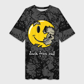 Платье-футболка 3D с принтом Smile from hell ,  |  | Тематика изображения на принте: death | from hell | skull | smile | smiley torn | из ада | смайлик разорванный | улыбка | череп