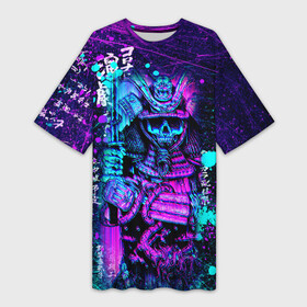 Платье-футболка 3D с принтом Неоновый Японский Самурай  Neon Samurai Skull ,  |  | anime | grunge | neon | samurai | skulls | боевые | брызги | гранж | иероглифы | искусства | краски | надпись | неоновый | полосы | потертости | скелет | черепа