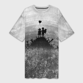 Платье-футболка 3D с принтом Бэнкси Дети Любовь Banksy ,  |  | Тематика изображения на принте: art | banksy | create | kid | love | peace | бенкси | бэнкси | граффити | дети | исскуство | лес | любовь | мир | небо | текстура | узоры | художник | чб | шар