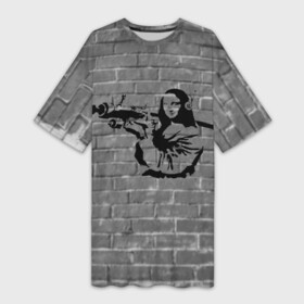 Платье-футболка 3D с принтом Мона Лиза Бэнкси Banksy ,  |  | art | banksy | create | mona liza | peace | wall | бенкси | бэнкси | граффити | исскуство | кирпич | лиза | любовь | мир | мона | небо | стена | текстура | узоры | художник | чб