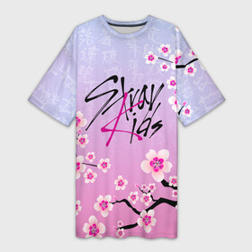 Платье-футболка 3D с принтом Stray Kids цветы сакуры ,  |  | Тематика изображения на принте: bang chan | changbin | han | hyunjin | k pop | korean pop | lee felix | lee know | seungmin | skz | stray kids | бэнг чан | ли ноу | ли феликс | сакура | скз | стрей кидс | хан | хёнджин | цветы | чана | чангбин