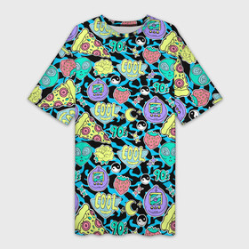 Платье-футболка 3D с принтом nostalgia 90е ,  |  | Тематика изображения на принте: 90 | 90s | 90е | blue | nostalgia | pattern | pizza | pizza slice | retro | rose | star | stripes | tamagotchi | yangyang | yellow | yinyang | желтый | звезда | иньянь | инян | инянь | кусок пиццы | нло | ностальгия | паттерн | пицца | полоски |