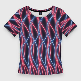 Женская футболка 3D Slim с принтом Неоновые волны. Розовый и голубой на темном фоне. ,  |  | вертикальный | волнистый | волны | дебри | детск | для девочки | для мальчика | женский | извилистый | красный | линии | много | мужской | неон | неоновый | переплетение | провода | розовый