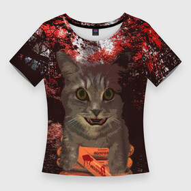 Женская футболка 3D Slim с принтом Miska In The Horror ,  |  | детское | женское | животные | кошки | крипота | мужское | новинка | питомцы | ужасы | футболки | хищники | хоррор | юмор