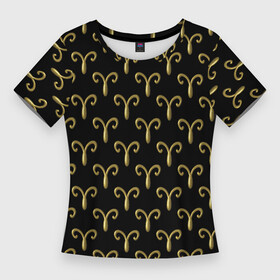 Женская футболка 3D Slim с принтом Золотой овен на черном фоне. Паттерн ,  |  | 3d | 3д | апрель | бесшовный | гороскоп | знак | зодиак | золото | золотой | март | металл | на день рождения | овен | паттерн | псевдо 3d | символ | узор | черный фон