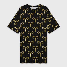 Платье-футболка 3D с принтом Золотой овен на черном фоне. Паттерн ,  |  | 3d | 3д | апрель | бесшовный | гороскоп | знак | зодиак | золото | золотой | март | металл | на день рождения | овен | паттерн | псевдо 3d | символ | узор | черный фон