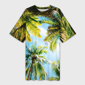 Платье-футболка 3D с принтом Пальмы под солнцем ,  |  | beach | clouds | exotic | green | hot | miami | palm | sea | sky | summer | sun | thailand | trees | tropics | ветви | ветки | деревья | джунгли | жара | лето | майами | маями | море | небо | облака | отпуск | пальмы | пляж | побережье | путешествие