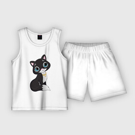 Детская пижама с шортами хлопок с принтом Прекрасная кошечка ,  |  | Тематика изображения на принте: cat | cutie | ears | eyes | kitten | muzzle | paws | tail | глаза | кот | котёнок | кошка | лапы | милашка | мордочка | уши | хвост