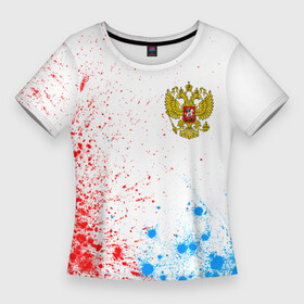 Женская футболка 3D Slim с принтом RUSSIA  ГЕРБ  Арт ,  |  | russia | ussr | герб | двухглавый | краска | краски | орел | орнамент | победа | родина | рожден | россии | российский | россия | русский | русь | сборная | символ | символика | спорт | ссср | страна | флаг