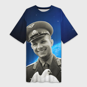 Платье-футболка 3D с принтом Юрий Гагарин с голубем 3D ,  |  | гагарин | голубь мира | день космонавтики | за мир | космонавт | космонавтика | космос | мир | первый | русский | советский | юрий гагарин
