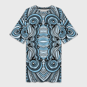 Платье-футболка 3D с принтом Абстрактный узор в дудл стиле. Рисунок от руки. Линии, волны, полосы. Синий, голубой, черный, серый и белый цвета. ,  |  | абстрактный | абстракция | волнистый | волны | дудл | дудлинг | индейский | линер | линии | мексиканский | национальный | перуанский | полосатый | полосы | разноцветный | рисунок от руки | серый