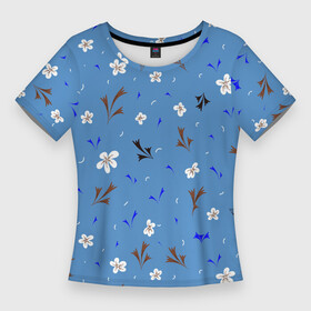 Женская футболка 3D Slim с принтом Цветочки мелкие ,  |  | лето | листики | листья | мелкие | паттерн | растения | синий | узор | цветочки | цветы