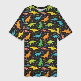 Платье-футболка 3D с принтом Разноцветные Динозавры ,  |  | dinosaur | dinosaur era | pangolin | predator | pterodactyl | reptile | reptiloid | the dragon | the serpent | tyrannosaurus | динозавр | дракон | ледниковый период | птеродактиль | тираннозавр | хищник | эра динозавров | ю