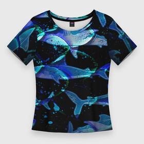 Женская футболка 3D Slim с принтом На дне морском  Акулы ,  |  | carcharhinidae | shark | акулы | атака акулы | белые акулы | большая акула | виды акул | встречи с акулами | гигантская акула | древние хищники | животные океана | мегалодон | морские животные