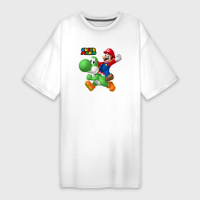Платье-футболка хлопок с принтом Mario and Yoshi  Super Mario ,  |  | friends | moustache | super mario | video game | yoshi | видеоигра | друзья | йоши | марио | усы