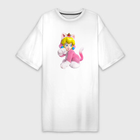 Платье-футболка хлопок с принтом Принцесса Персик  кошка  Super Mario 3D Land ,  |  | cat | crown | ears | eyes | girl | hairstyle | lips | peach | princess | super mario | tail | video game | видеоигра | глаза | губы | девушка | корона | кошка | персик | причёска | уши | хвост