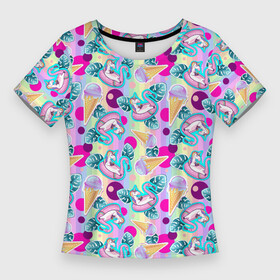 Женская футболка 3D Slim с принтом Единороги на радужном фоне с мороженым ,  |  | dab unicorn | horse | ice cream | pony | unicorn | единорог | животное | зверь | конь | лошадь | мифическое существо | мороженое | мультик | пони | радуга | сказка | фламинго