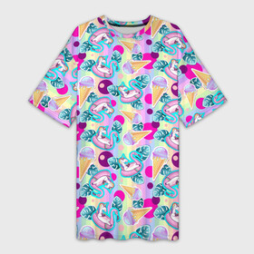 Платье-футболка 3D с принтом Единороги на радужном фоне с мороженым ,  |  | dab unicorn | horse | ice cream | pony | unicorn | единорог | животное | зверь | конь | лошадь | мифическое существо | мороженое | мультик | пони | радуга | сказка | фламинго