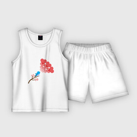 Детская пижама с шортами хлопок с принтом Птичка поет о любви ,  |  | ветка | иллюстрация | любовь | птица | рисунок