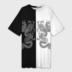 Платье-футболка 3D с принтом Double Dragon Дракон Чб ,  |  | beast | dragon | fire | grunge | горелый | дракон | животные | зверь | змей | иероглифы | когти | огонь | пепел | пламя | потертости | узор | чб | японский