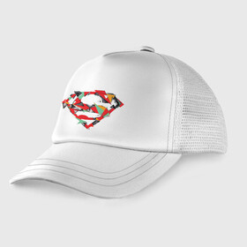 Детская кепка тракер с принтом Logo Superman , Козырек - 100% хлопок. Кепка - 100% полиэстер, Задняя часть - сетка | универсальный размер, пластиковая застёжка | dc | буква | герой | знак | кларк кент | комиксы | логотип | персонаж | супермен