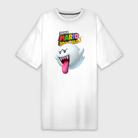 Платье-футболка хлопок с принтом Boo  Super Mario 3D World  Nintendo ,  |  | boo | eyes | fangs | ghost | jaw | nintendo | super mario | tongue | video game | бу | видеоигра | глаза | клыки | нинтендо | пасть | супер марио | язык