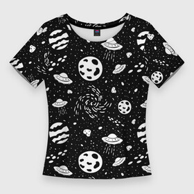 Женская футболка 3D Slim с принтом Космос, дудл ,  |  | дудл | звезды | инопланетяне | корабли | космические | космос | летающие | паттерн | планеты | пришельцы | тарелки | черно белый