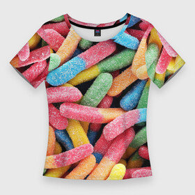 Женская футболка 3D Slim с принтом Мармеладные червячки ,  |  | sweet | десерт | макаронс | мармелад | мармеладки | мармеладные червячки | пирожные | разноцветные | сахар | сладкий пирожок | сладкий пирожочек | сладкоежка | сладкоешка | сладости | червяки
