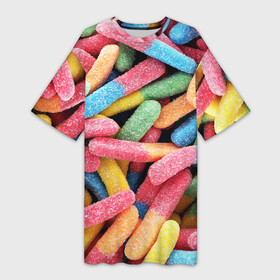 Платье-футболка 3D с принтом Мармеладные червячки ,  |  | sweet | десерт | макаронс | мармелад | мармеладки | мармеладные червячки | пирожные | разноцветные | сахар | сладкий пирожок | сладкий пирожочек | сладкоежка | сладкоешка | сладости | червяки