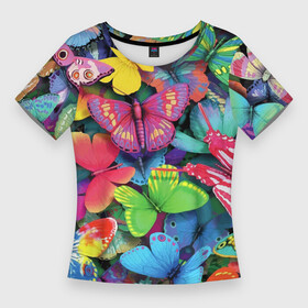 Женская футболка 3D Slim с принтом Стая бабочек  Pattern ,  |  | butterfly | color | pattern | wings | бабочка | крылья | узор | цвет