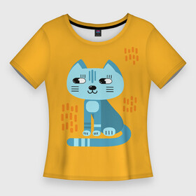 Женская футболка 3D Slim с принтом Очаровательный котик в плоском стиле в ярких цветах ,  |  | дудл стиль | желтый | кот | котенок | котик | кошечка | кошка | мультяшный стиль | оранжевый | плоский стиль | синий