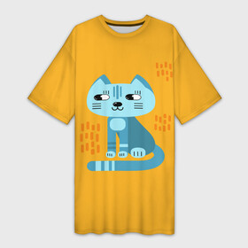 Платье-футболка 3D с принтом Очаровательный котик в плоском стиле в ярких цветах ,  |  | дудл стиль | желтый | кот | котенок | котик | кошечка | кошка | мультяшный стиль | оранжевый | плоский стиль | синий