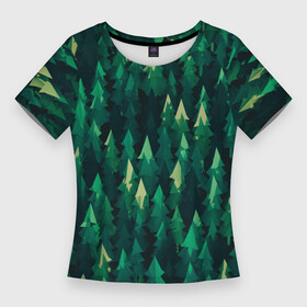 Женская футболка 3D Slim с принтом Еловый лес  spruce forest ,  |  | дерево | деревья | елка | елки | еловый лес | зелёный | зеленый лес | лес | лес минимализм | лесок | лесочек | цвет
