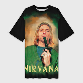 Платье-футболка 3D с принтом Nirvana  Kurt Cobain with a gun ,  |  | grunge | guns | kurt cobain | music | nirvana | portrait | rock | smells like teen spirit | арт | гранж | курт кобейн | мужчины | музыка | надписи | нирвана | портрет | пушки | рок
