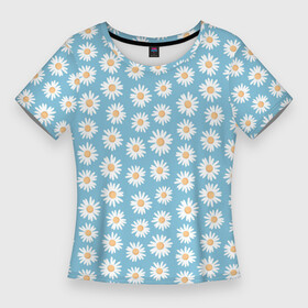 Женская футболка 3D Slim с принтом Ромашки, паттерн ,  |  | на голубом фоне | пастельный | паттерн | ромашки | узор | цветочный | цветы